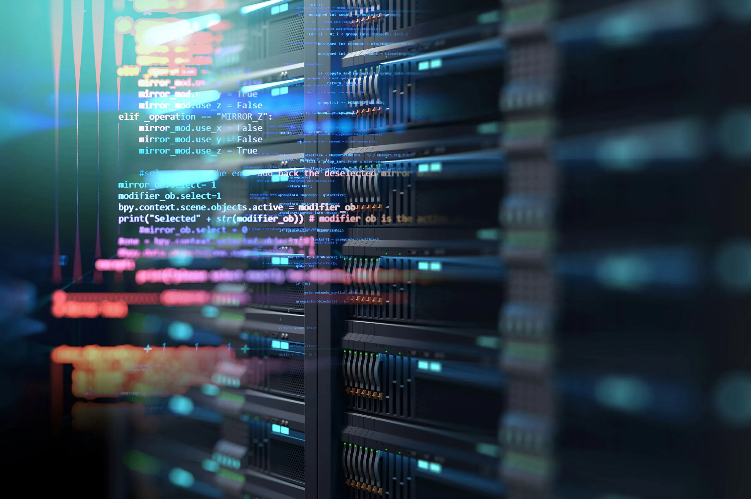 Rows of server racks with glowing control lights and overlaid colorful computer programming code.