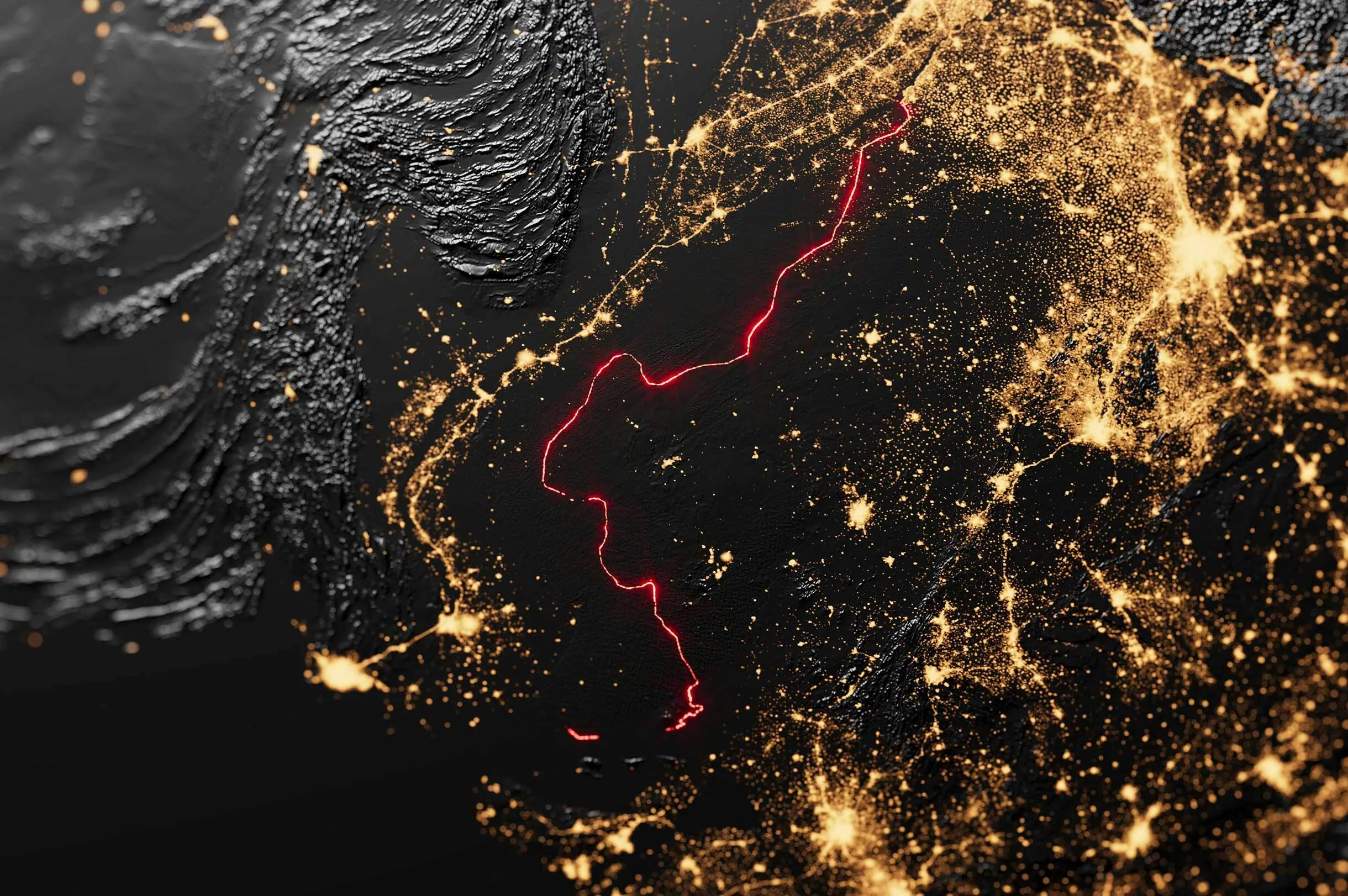 Nighttime satellite view of a landmass with illuminated cities and roads, featuring a glowing red outline marking a specific region.