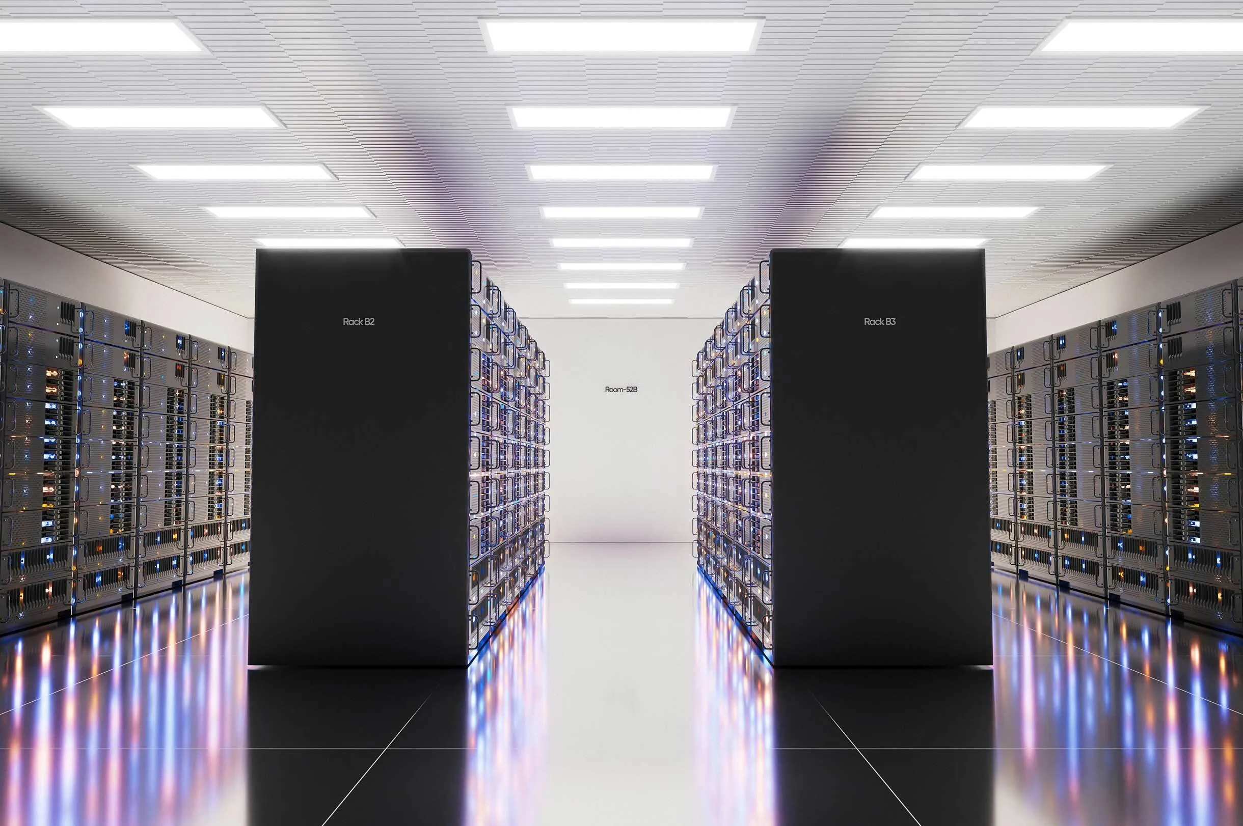 Interior of a modern data center with two rows of server racks labeled Rack B2 and Rack B3, reflecting colorful lights on the shiny floor.