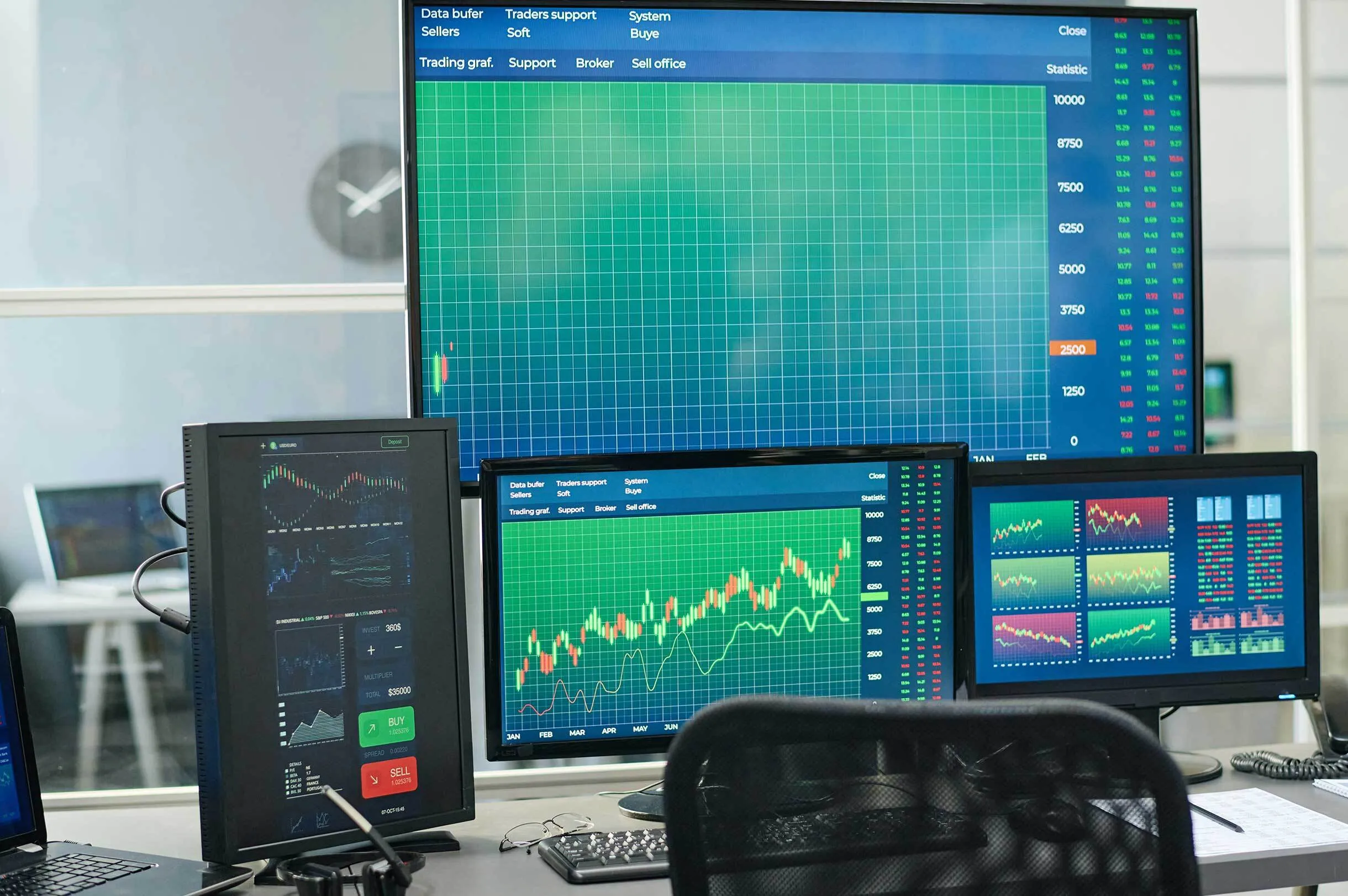 Trading desk setup with four monitors displaying stock charts and market data in an office environment.